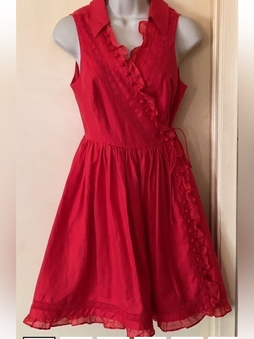 Joslin red linen wraparound dress size 2